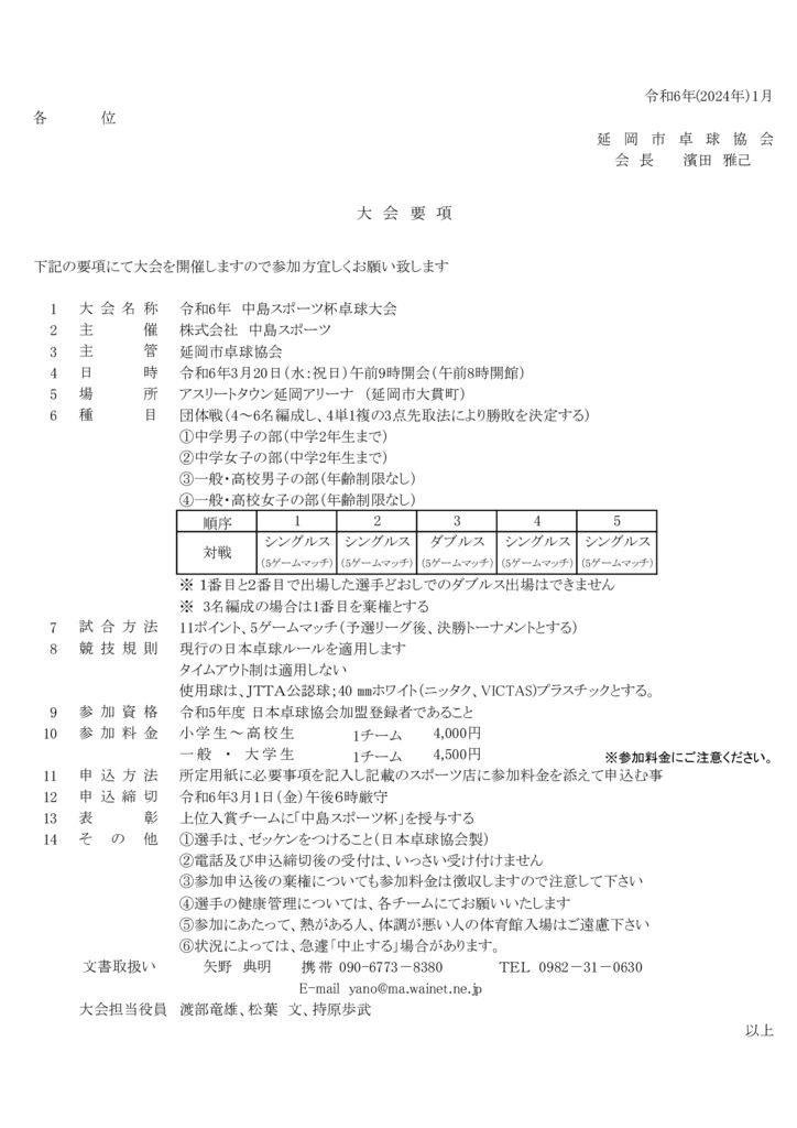 R6中島スポーツ杯卓球大会